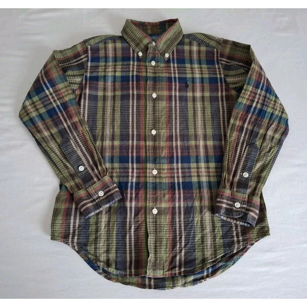Vtg Ralph Lauren Madras Plaid Button Down Shirt Boys LS Fall Preppy EUC